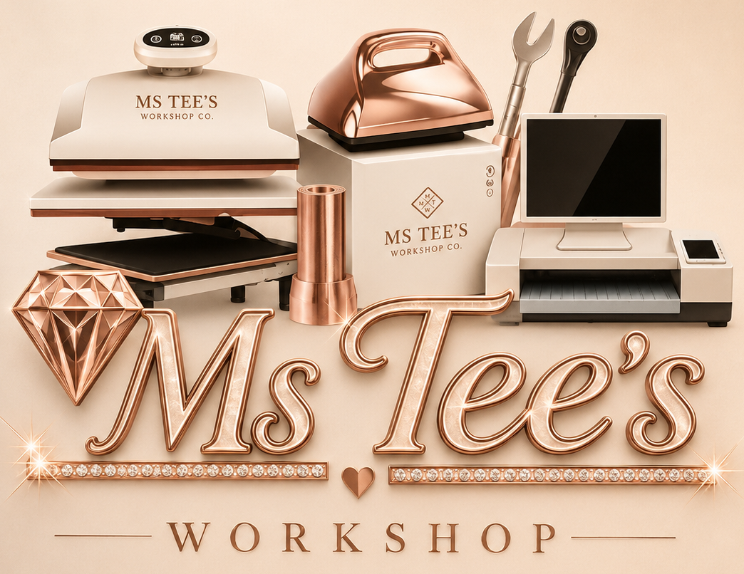 Decorative display of 'Ms Tee's Workshop' with various tools and equipment on a beige background.